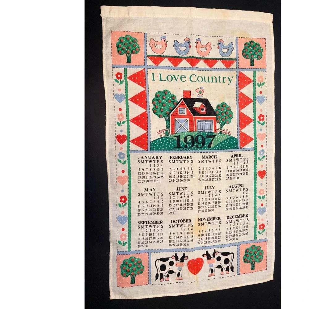 Vintage 1997 I Love Country Calendar Tea Towel Red Barn Farmhouse Decor 15.5in